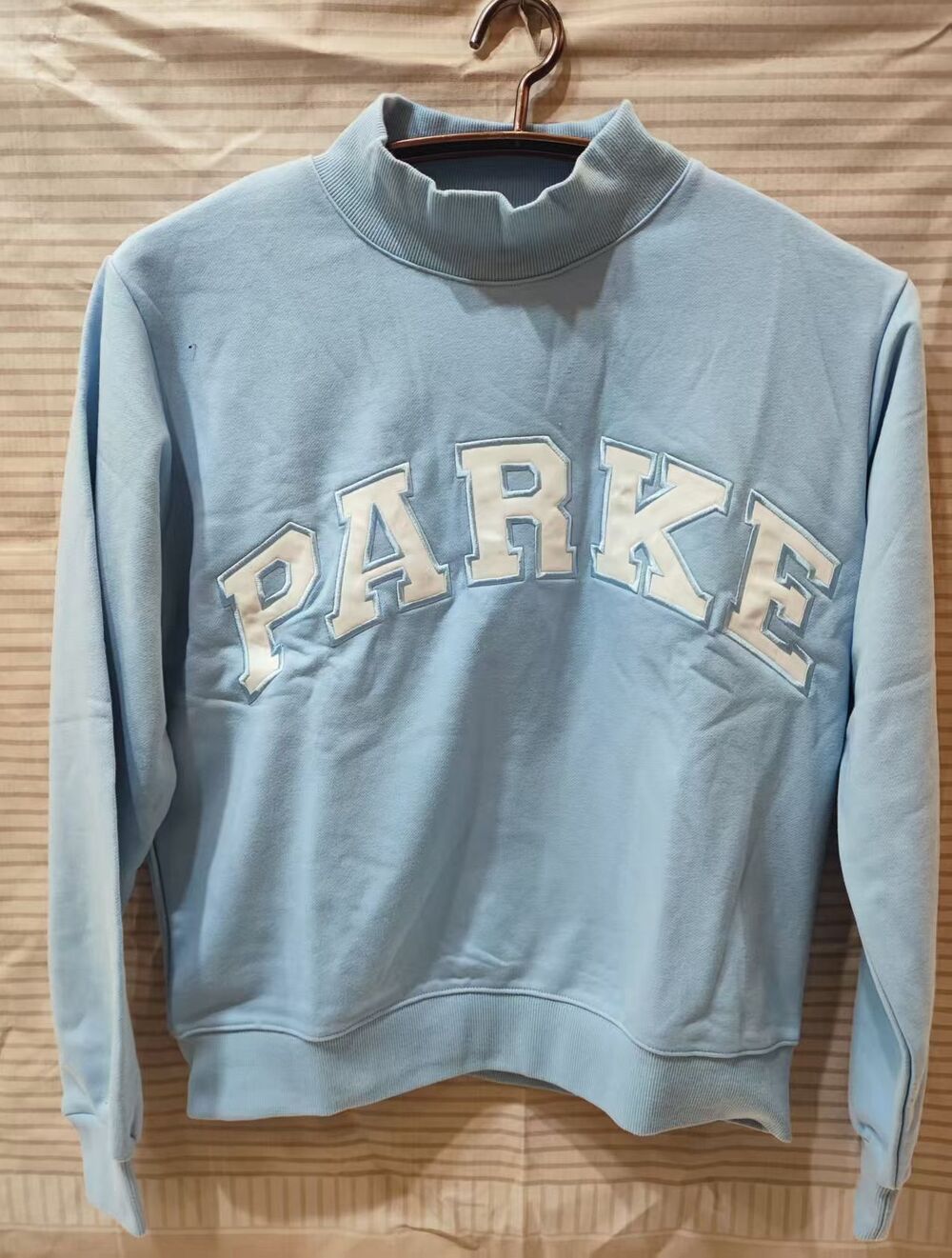✨Sky Blue Mock Neck Sweatshirt PARKE White Varsity Letter Graphic